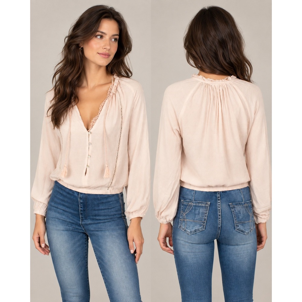 Joyfolie Julia Top Shell Pink Beige Boho Ruffle Lace Tassel Blouse Sz L NWT $68
